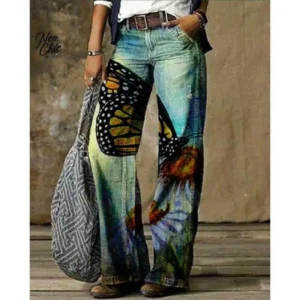 Fluid Imitation Jeans plus Size Women's Casual Pants ral Printed Trousers Bottoms Womenswear