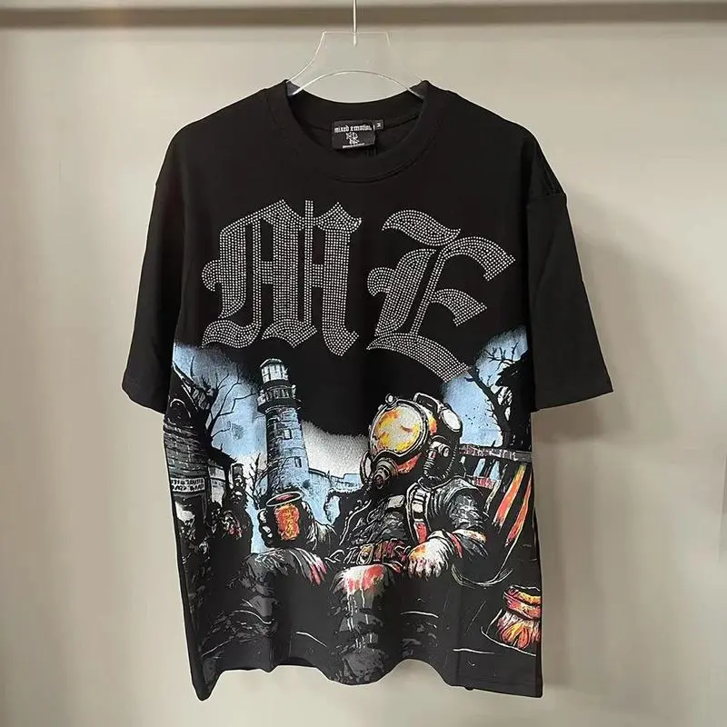 New Summer Letter Rhinestone Short Sleeve Black Mens Tshirts Streetwear Cotton Loose Round Neck Top Tees Unisex Tshirt(Raincoats)