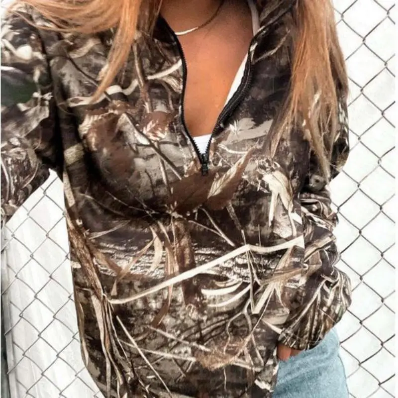 Women's Camouflage Tree Branch Pattern Sweatshirt, Stretchy Comfort Zipper Half Turtleneck Hoodie, Women's Spring and Autumn Clothing Casual Shortsleeve Womenswear Basic Comfy Everyday Graphic Style