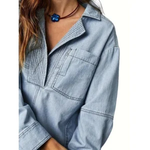 Charming Women's Denim Pullover Casual Shirt - V-Neck Design, Loose Long Sleeves, Denim Jacket Style, Intimate Pockets - For Women - Suitable for Casual Wear - Perfect Gift for Fashionable Ladies Top Womenswear