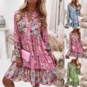 Women Casual Summer Dress Boho V Neck 3/4 Sleeve Babydoll Floral Print Flowy Beach Dress