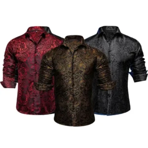 3 Pack Luxury Formal Casual Men Paisley Floral Anti-Wrinkle Dress Breathable Anti-Wrinkle Slim Long Cufflinks Cotton Cloth Men Shirt Business Top Wedding Party Menswear Gamis Brown + Blue + Black Tropical