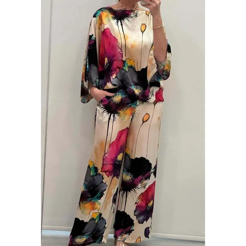 2024 Summer and Autumn New Collection Independent Station-Urban Elegant Broken Card off-Neck Loose Printed Batwing Sleeve Trousers Suit outfit verano 2-piece outfit