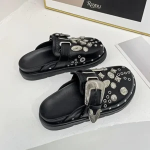 [Metallic Charm Mules] Black PU Cover Stylish Women's Slip-On Mules - Thick Sole, Round Toe, All-Season Comfort, Metallic Charms Casual Roman Beach Sandals(Sports & Outdoor)