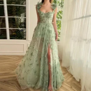 Lace Applique Prom Dresses Tulle 3D Butterfly Princess Party Dress for Women Long Ball Gown with Slit Formal Womenswear