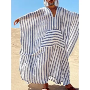 Men's Striped Print Pocket Batwing Sleeve Lounge Robe Loose Casual Comfy Hooded Long Sleeve Dressing Gown for Spring & Fall Men's Islamic Clothing for Daily Wear Menswear Loungewear Nightwear Gamis