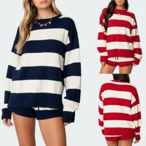 Women Striped Knit Sweater Set 2 Piece Outfit Oversized Long Sleeve Sweater and Shorts Matching Lounge Sets Chic Elastic