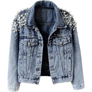 Women's Jean Jacket Embroidered Rivet Pearl Short Denim Jacket Coat(Raincoats)