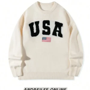 Men's & Women's Casual Round Neck Long Sleeve Knit Sweater, American Flag Letter Print, Loose-Fitting Fall Winter Warm Pullover