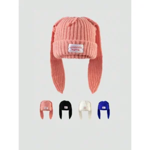 1pc Women's Trendy Knit Hat, New Adult Double-Layer Thick Cute Rabbit Ear Design With Fabric Label Beanie Bogg Bag Bling Decorative Charm Set