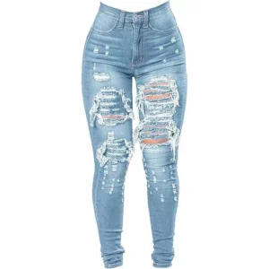Women's High Waist Plus Size Destroyed Jeans Slim Skinny Ripped Trousers Stretch Denim Pants Bottoms Light