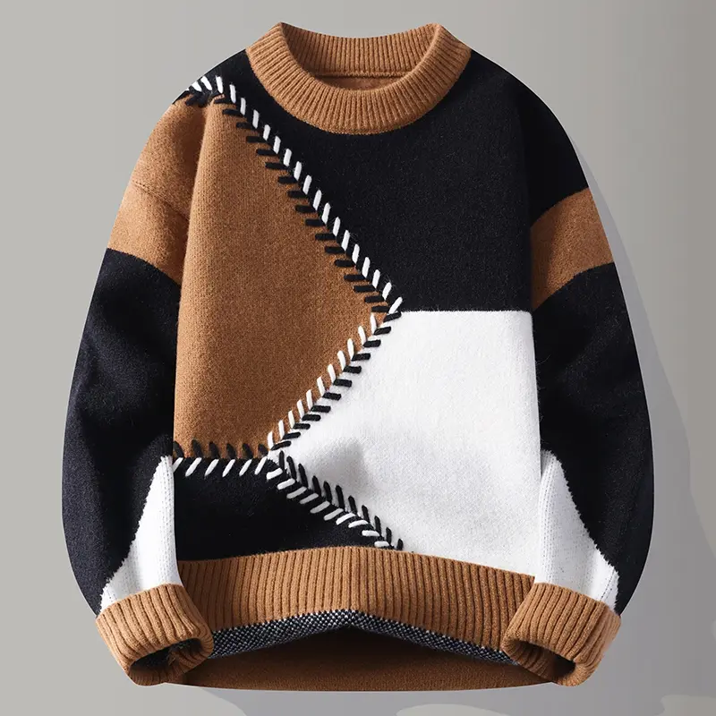 2025 Autumn And Winter New Style Youthful Vitality Pullovers Men Fashion Patchwork O-Neck Knitted Sweater Mens Loose Warm Casual Chic Knit Sweaters