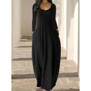 Women's Solid Color Pocket Lounge Dress, Casual Comfy Long Sleeve Dress for Daily Wear, Ladies Sleepwear for All Seasons Fabric Fit