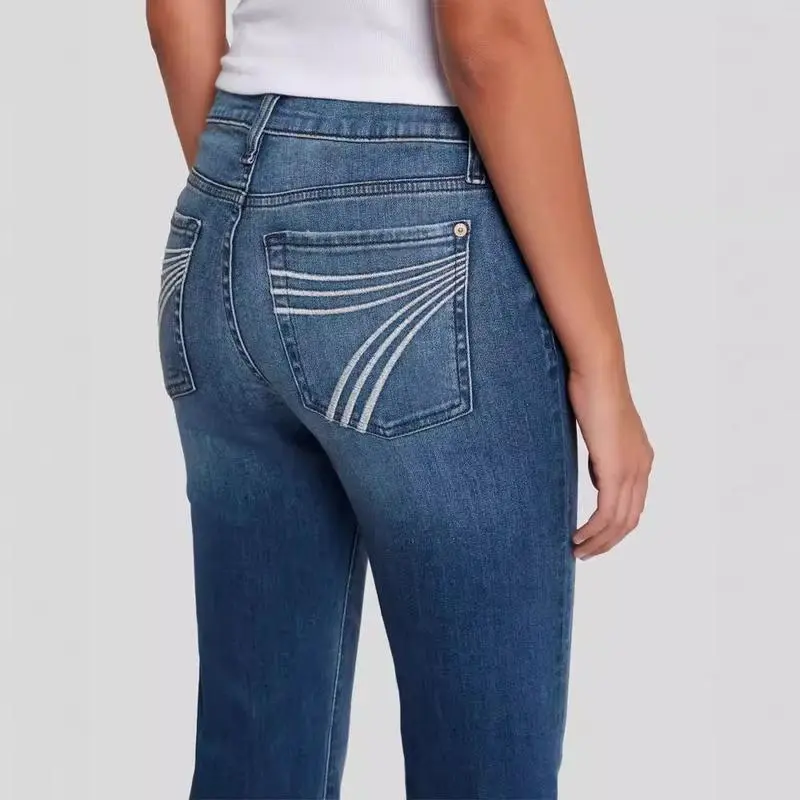 Womens' flared jeans,Slim fit elastic mid rise flared jeans for women,Three kinds of trouser lengths. Pants Denim 90s outfits Basic Dark Blue Nine Bottoms Womenswear