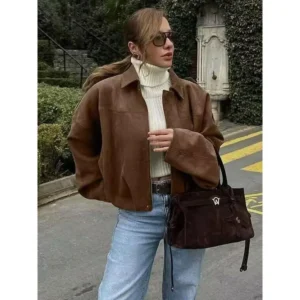 Aviator New In Coats And Jackets,Zip Up Long Sleeve Women's Winter Jacket,Suede Jacket,Oversized Pilot Jacket Cropped Fit, Casual 2025 Streetwear Pleats Short Jacket Woman