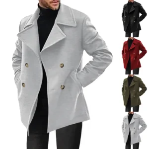 Men’s Double-Breasted Pea Coat – Stylish Long Wool Blend Overcoat with Wide Lapel, Classic Winter Trench Coat for Business & Casual Wear