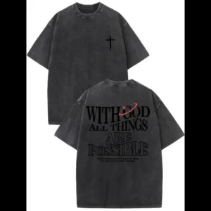 Men's vintage washed cotton T-shirt with the design 'With God all things are possible' from Matthew 26:41, loose fit short-sleeve shirt, black with white lettering, casual attire, high-quality fabric