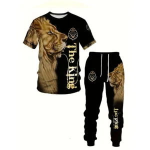 New 2025 Summer Comfort Fit 3D Lion Print 2-Piece Activewear Set - Short Sleeve T-Shirt And Long Pants - Men's Fashion Sports Suit
