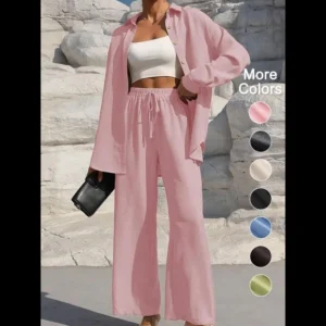Women's Solid Button Front Shirt & Tie Front Wide Leg Pants Two-piece Set, Casual Drop Shoulder Long Sleeve Blouse Top & Trousers 2 Piece Set for Spring & Fall, Women's Clothes for Daily Wear