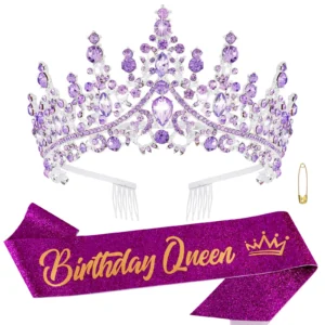 Birthday Queen Sash Purple Tiara Crown Tiaras and Crowns for Women Girls Crystal Princess Tiara Rhinestone Headbands Quinceanera Crown Headpieces Happy Birthday Decorations Accessories Solid Color Set cozy clip headband beetle hair cheer cupids bow