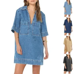 Womens Denim Shirt Dress Summer Collared V Neck Mini Casual Jean Dresses with Pockets Womenswear Comfort •