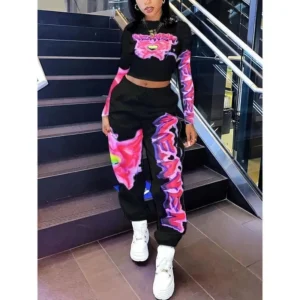 Women's Heart and Letter Printed Long-Sleeved Top and Sports Pants Two-Piece Set, Casual Style Womenswear Clothes