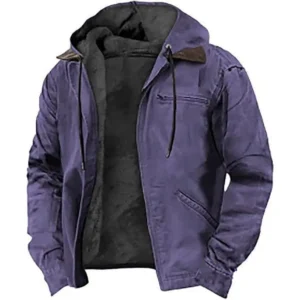 Solid Color Hooded Cotton Jacket Casual Men's Fleece Lined Zipper Pocket Jacket Coat