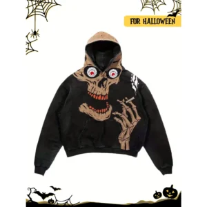 Men's Halloween horror skull pattern loose hooded sports shirt, suitable for Halloween parties, Halloween costumes, festival outfits, eye-catching print design, comfortable fabric, street style enthusiasts, festival sets, durable material.