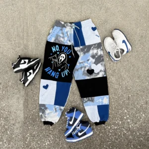 Eco-friendly vintage jogger pants with horror character Halloween designs, matching patchwork streetwear..