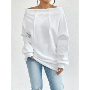 Elegant Style, Women's Casual Off-Shoulder Drawstring Sweatshirt - Fashionable Loose Fit, Solid Color, Long Sleeve, Polyester Blend, Perfect for Autumn/Winter Womenswear Hoodie