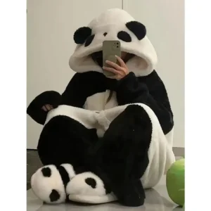 Plus Size Panda Onesie Hooded Pajama Costume - Polyester, Party Style, Slight Stretch Fabric, Printed Pattern, Loungewear Nightwear Womenswear Basic