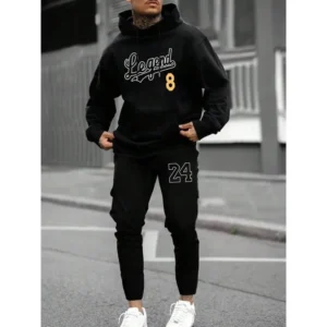 Men's Letter Print Drop Shoulder Sweatshirt & Drawstring Waist Sweatpants Set Regular Fit French Terry Autumn Outfit for Daily Workout Running