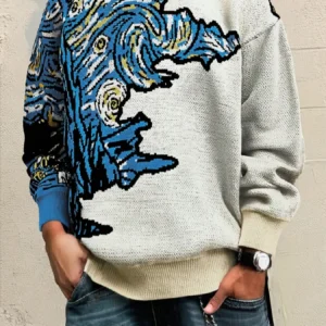 Men's Women's Casual Loose-Fit Long Sleeve Pullover Sweater, Round Neck Cartoon Abstract Van Gogh Print Knitted Top for Daily Wear