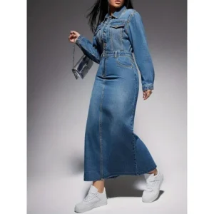 Elegant Long Sleeve Denim Midi Dress for Women - Chic Single-Breasted Design with Flap Pockets, Stretchy Rayon & Polyester Blend, Machine Washable - Perfect for Fall/Winter