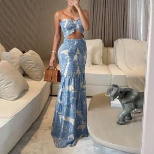 Women's Tropical Print Drawstring Ruched Shirred Frill Trim Bandeau Vacation Dress Cinched Waist Slim Fit Ruffle Hem Mermaid Dress Beach Casual Cutout Fitted Floral Womenswear