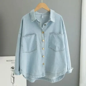 High end washed light blue denim shirt for women, loose and slim denim jacket, casual and versatile