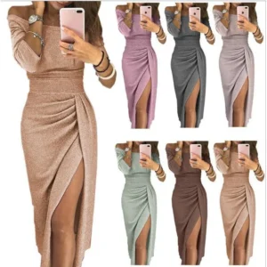 Women's Bodycon Slit Off-Shoulder Shiny Evening Dress Plaid Cami Dress with Flare Skirt