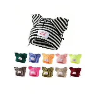 1pc Ladies' Fashionable Striped Ear Design Distressed Knit Hat Woolen Cap Suitable For Warmth And Travel Outfits In Autumn And Winter,School Skull Beanie Bogg Bag Bling Decorative Charm Set