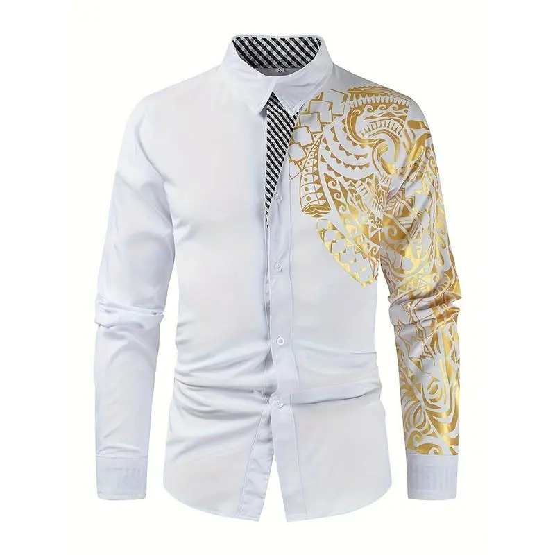 Men'sCasualLongSleeveFashionableGoldenTribalPatternPrintShirt,SlimFitDressShirtForParty/EveningOutBlouses & Shirts