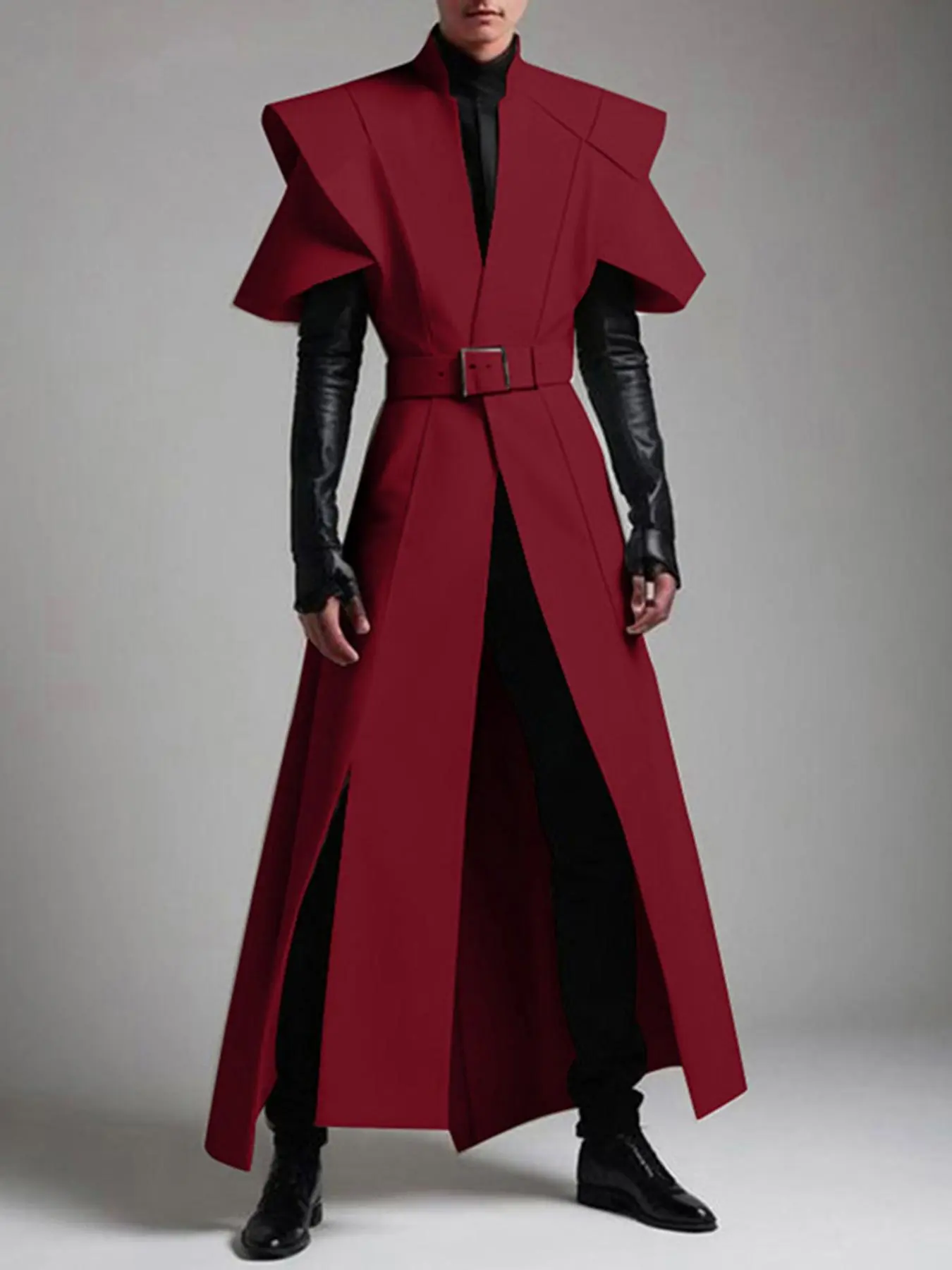 Men's Solid Color Short Sleeve Silhouette Long Cardigan, Loose Casual Stand Collar Belt Top for Summer, Fashion Men's Clothes for Daily Wear