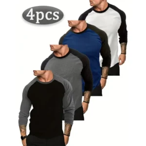 4-piece Set Mens Raglan Long Sleeve Tshirt Casual Vintage Baseball Jersey Tee Muscle Gym Workout Athletic Shirt Soft Basic Tops