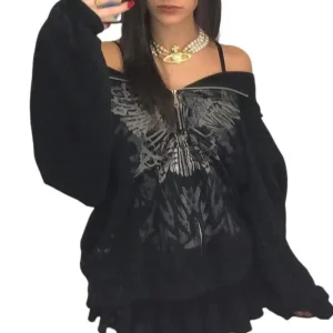 European and American Leisure Butterfly Vintage Print Long-Sleeve Zipper Hooded Sweatshirt Cardigan Women Womenswear Tops Casual ziphoodies denim tear hoodie comfort hoodies Black