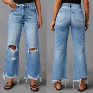 Women's wide-leg pants,fringed washed ripped high-waisted jeans straight casual trousers Fit Blue flare jeans Denim Bell Bottoms jeans for curvy woman
