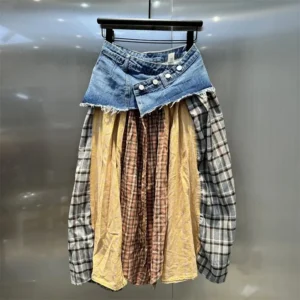 Women'S Fashion Plaid Denim Patchwork Contrast Color Skirts 2025 Spring New Items Casual A-Line Skirt Female