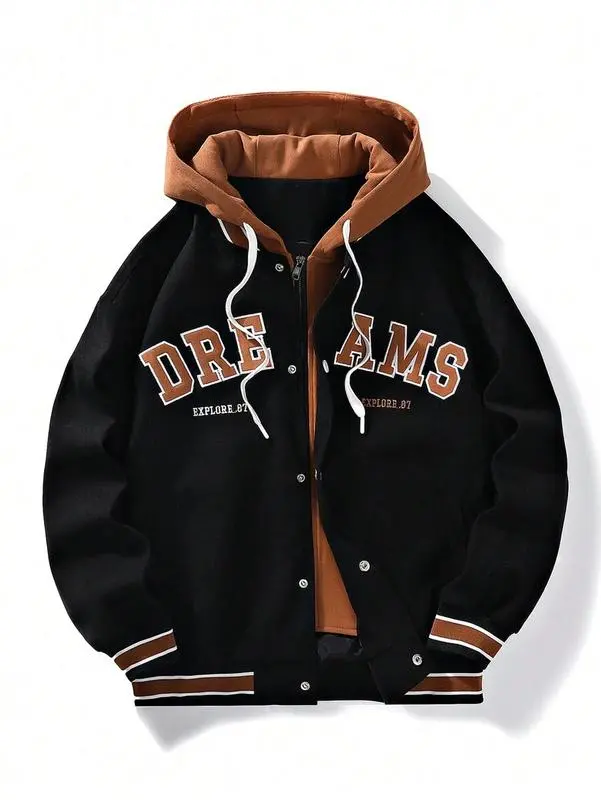 Men'sHoodedDrawstringFrontButtonLetterPrintCasualLongSleeveJacket&CoatBlouses & Shirts