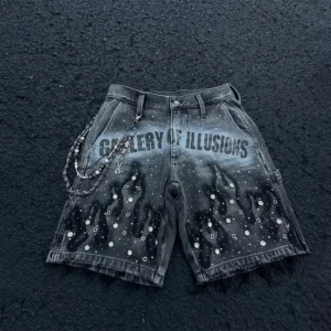 Fashion Distressed Jeans Retro Rhinestone Flame Pattern Printing Casual Washed Denim Shorts Men Women High Waist Streetwear