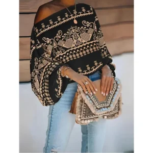 Elegant and Beautiful Ethnic Print off Shoulder Shirt, Boho Batwing Sleeve Shirt Spring and Autumn, Women's Clothing