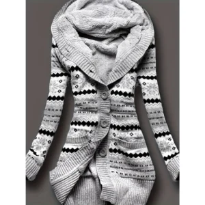 Geo Print Button Front Hoodie, Casual Long Sleeve Dual Pockets Slim  for Fall & Winter, Women'S Clothing plain vintage car neck open sweater  grandma popcorn cardigan skeleton