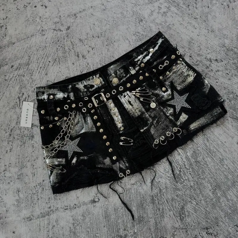 Shorts Women Skirt Harajuku Gothic Hip Hop Retro Washed Rhinestone Sequin Baggy Denim Short High Waist Slim Mini Short Skirt Black Womenswear