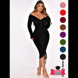 Women's Solid Ruched Drawstring Tie Front Bodycon Dress, Elegant Off Shoulder Long Sleeve Midi Dress for Party Club Dating Wear, Women's Clothing for Fall & Winter, Fall Clothes 2024